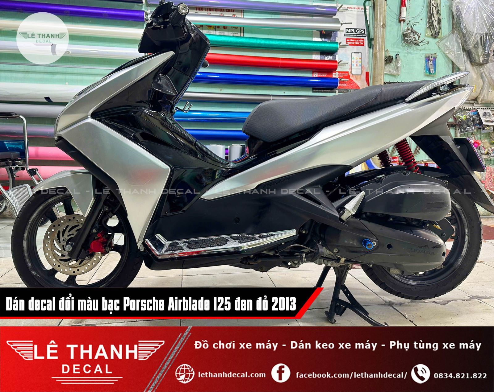 Dán decal đổi màu bạc Porsche Airblade 125 đen đỏ 2013