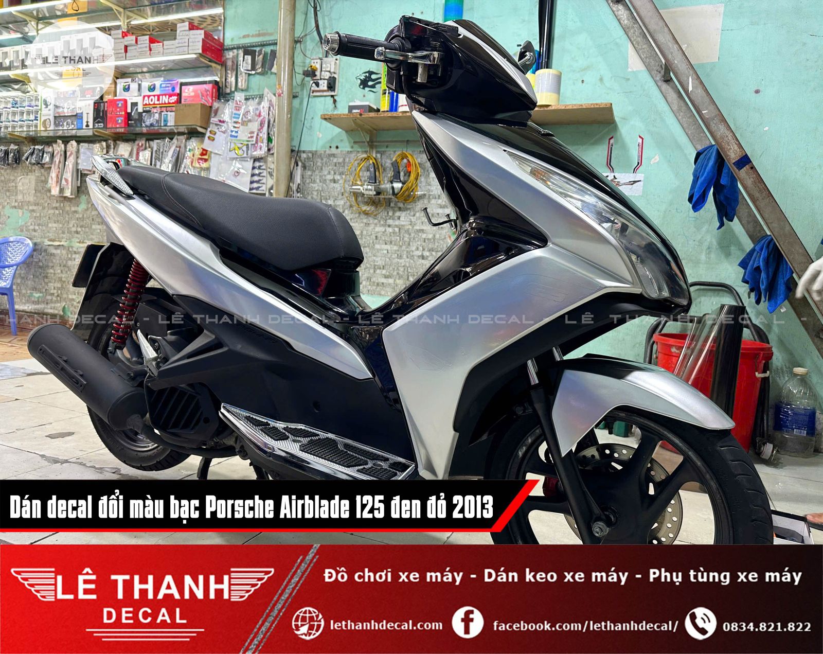 Dán decal đổi màu bạc Porsche Airblade 125 đen đỏ 2013