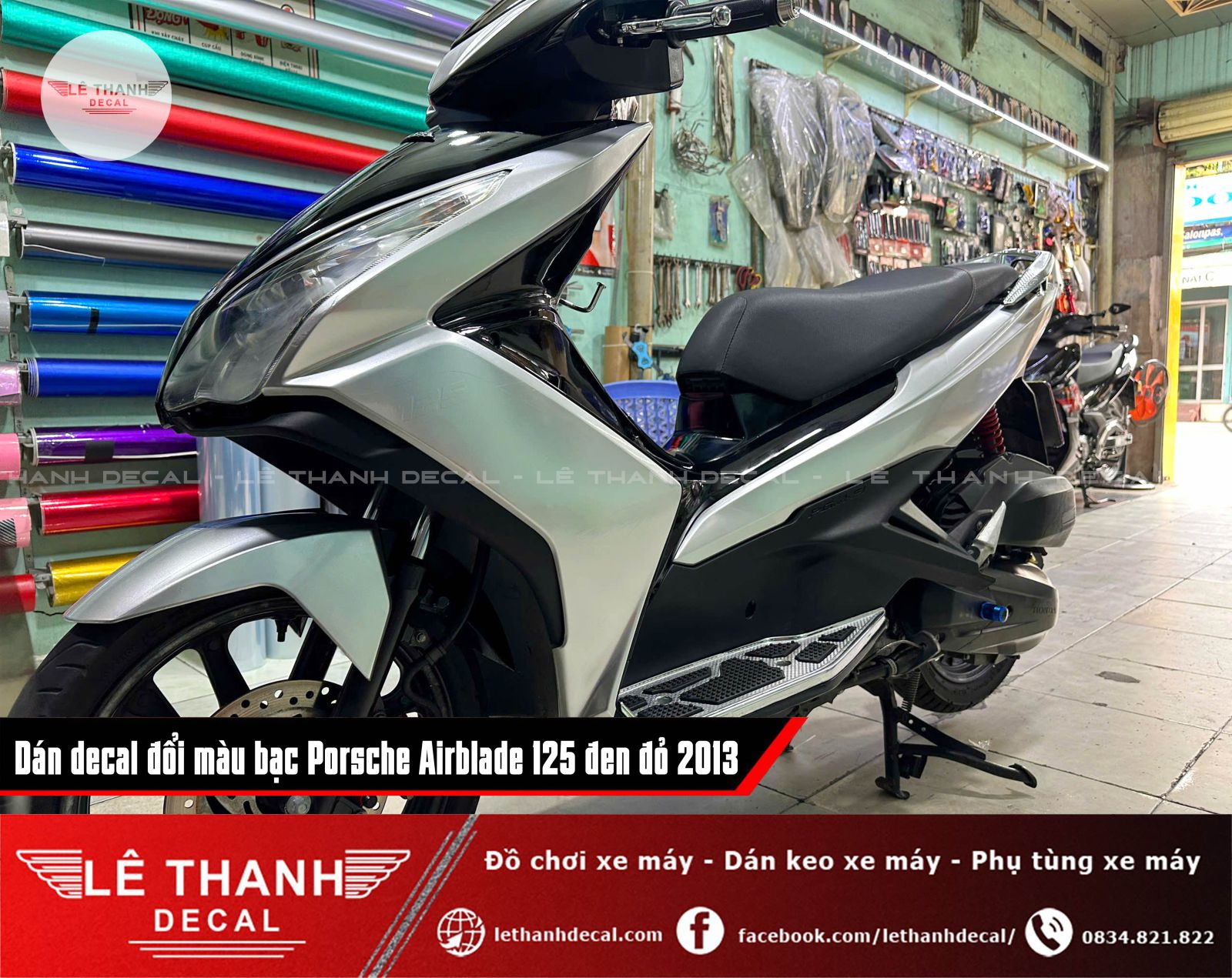 Dán decal đổi màu bạc Porsche Airblade 125 đen đỏ 2013