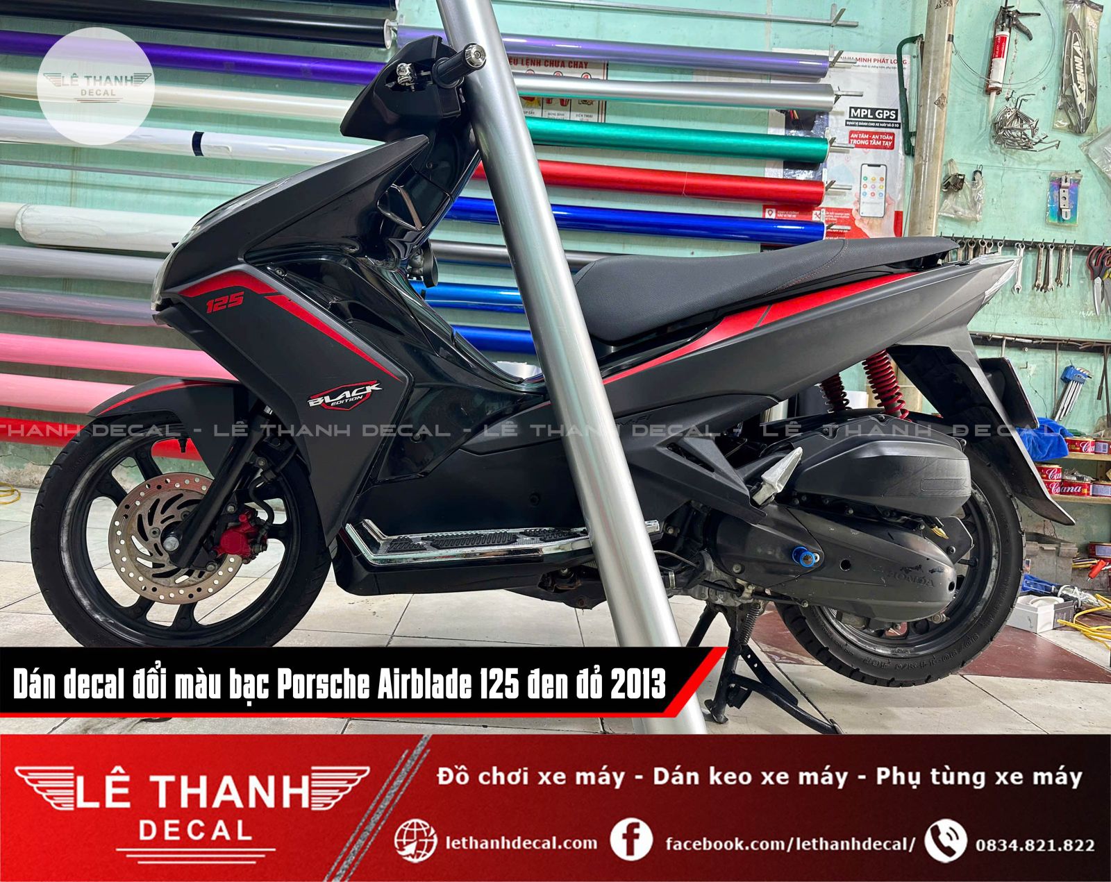 Dán decal đổi màu bạc Porsche Airblade 125 đen đỏ 2013