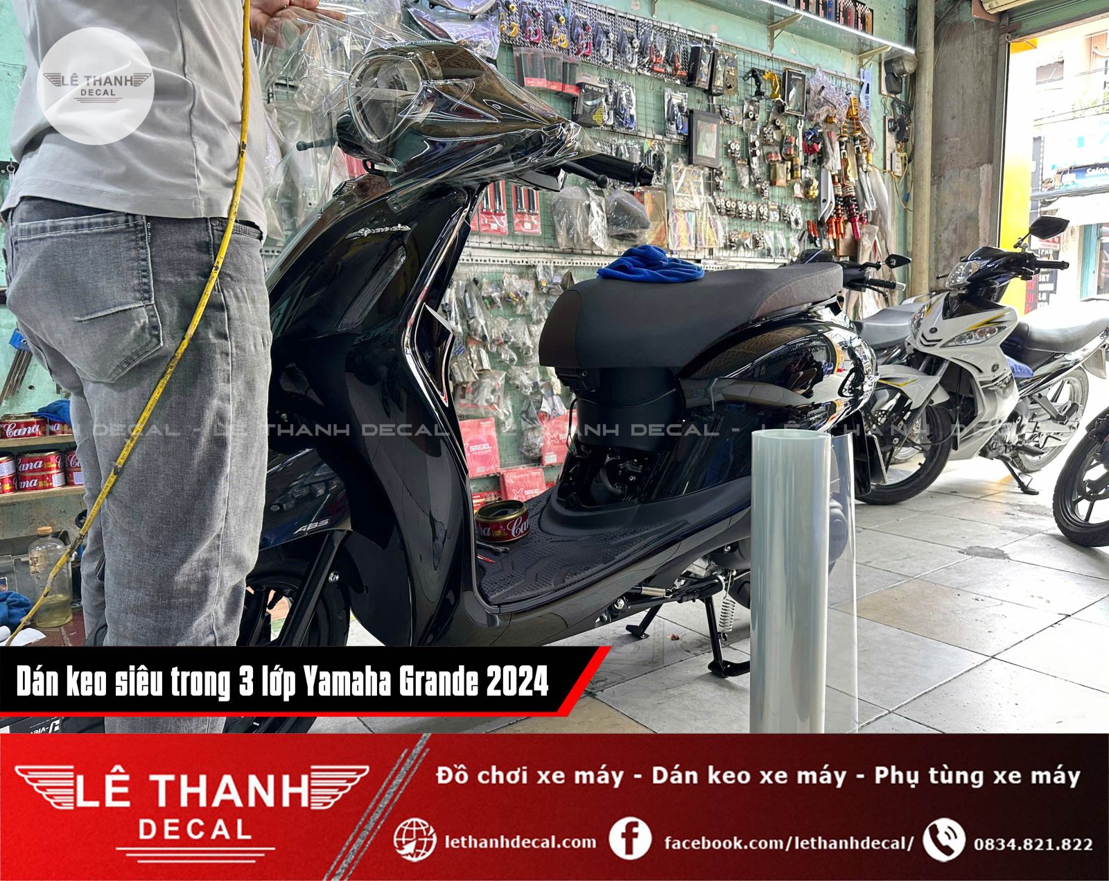 Dán keo siêu trong 3 lớp Yamaha Grande đen 2024