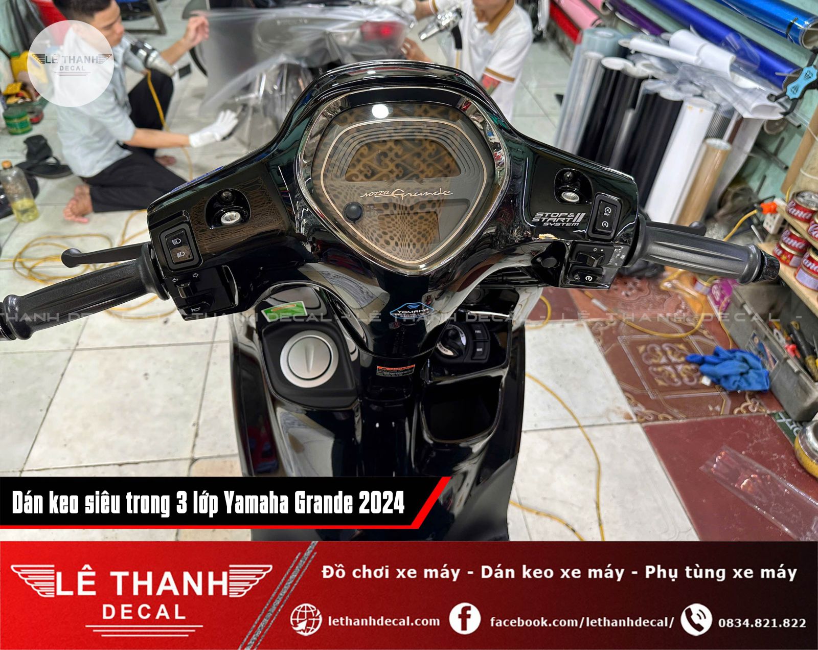 Dán keo siêu trong 3 lớp Yamaha Grande đen 2024