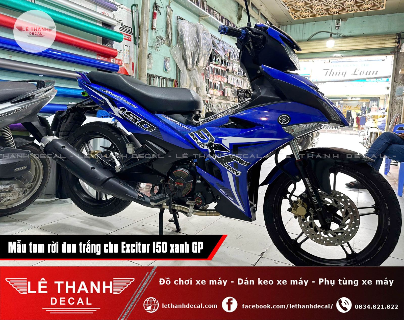 Dán tem rời đen trắng cho Exciter 150 xanh GP