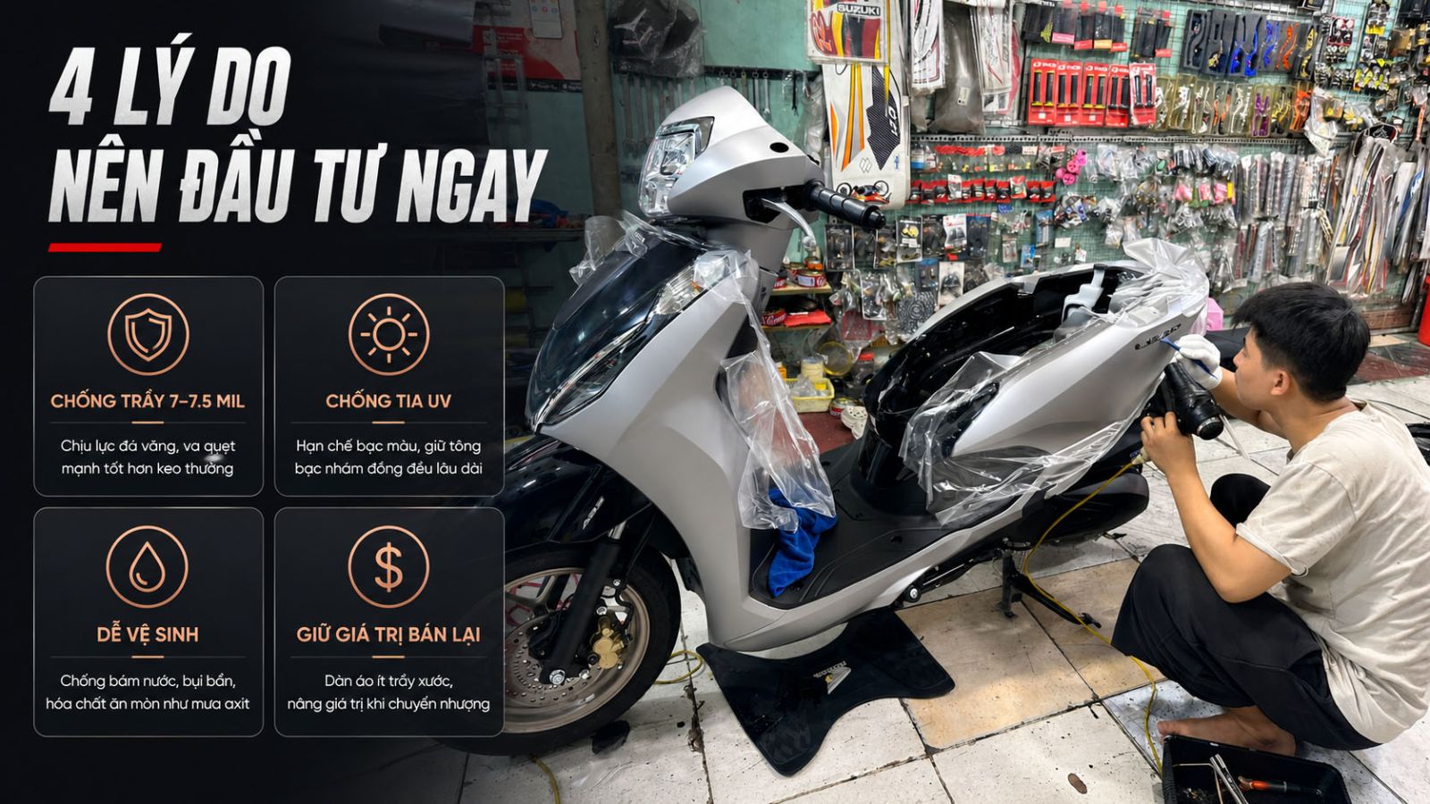 Dán keo nhám 3 lớp PPF Honda LEAD màu bạc nhám