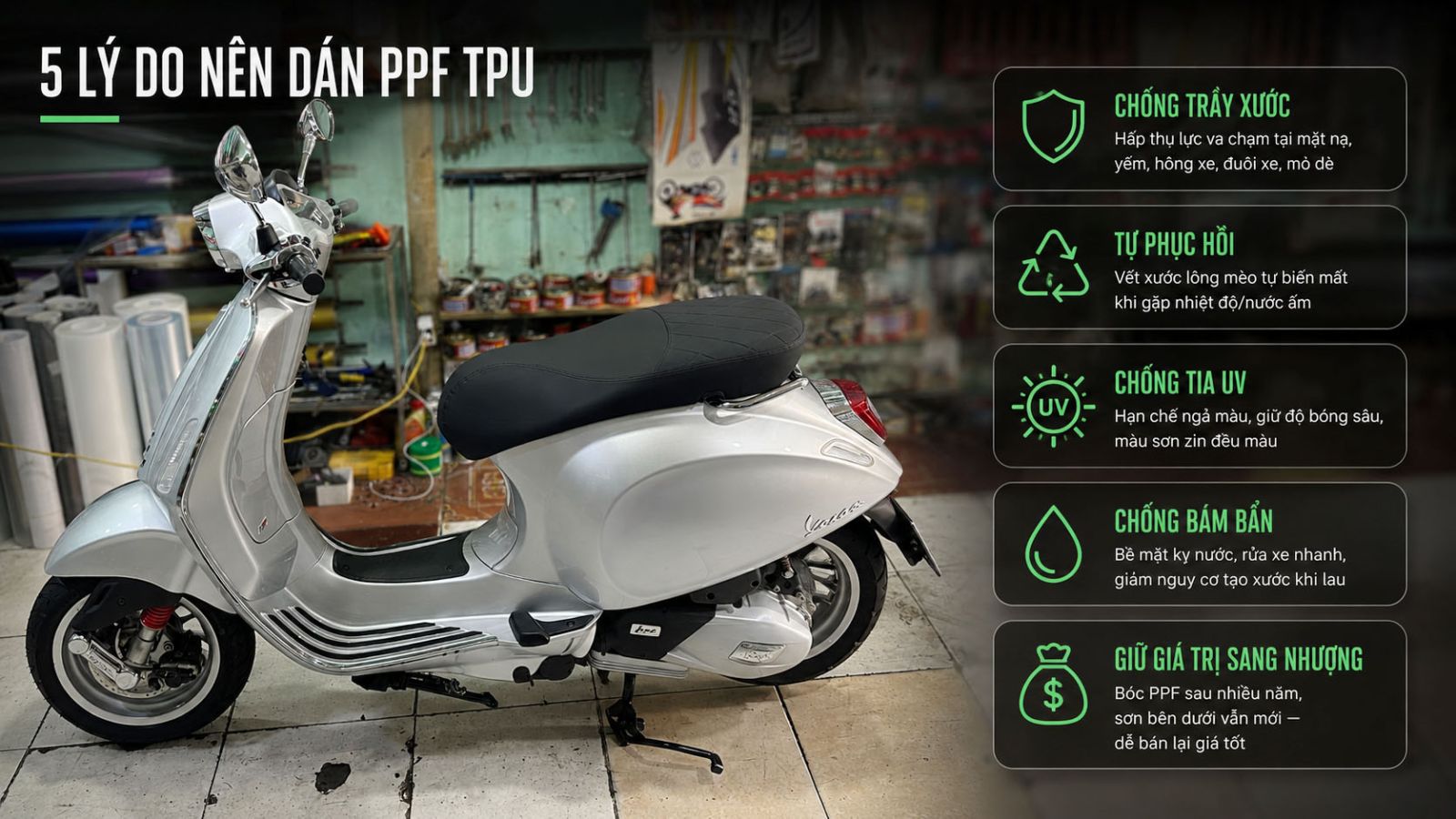 Dán PPF TPU xe Vespa Sprint bạc Porsche 125