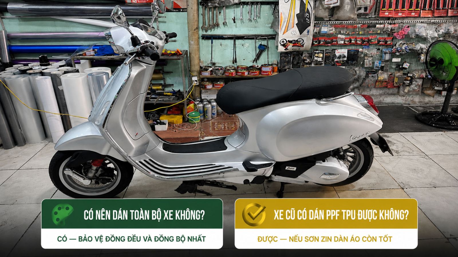 Dán PPF TPU xe Vespa Sprint bạc Porsche 125