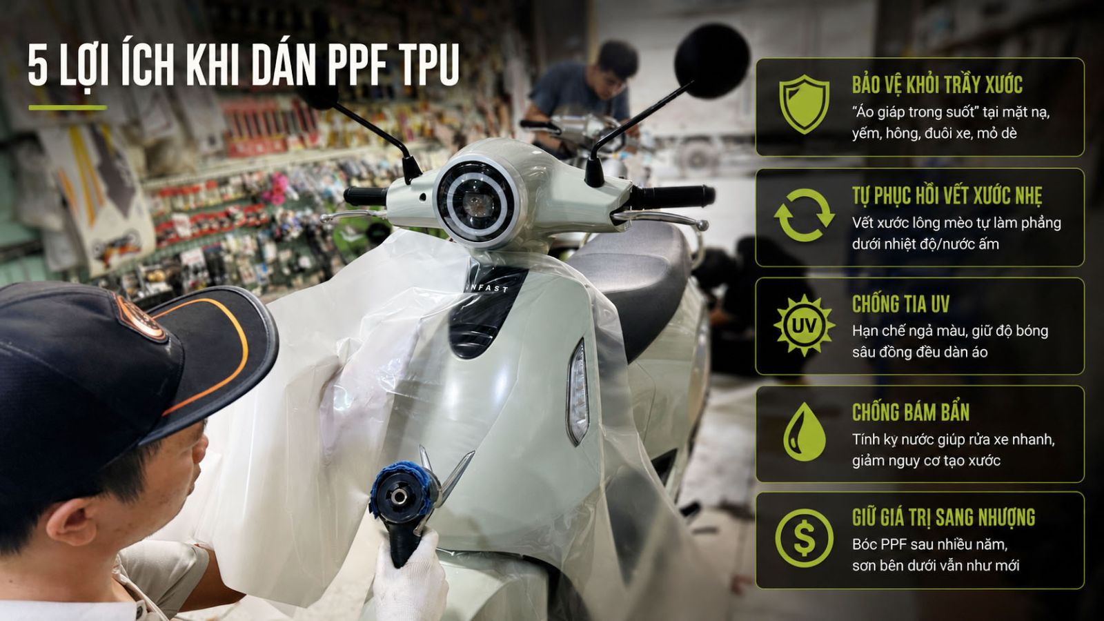 Dán keo PPF TPU cho Vinfast EVO GRAND xanh Oliu 2026