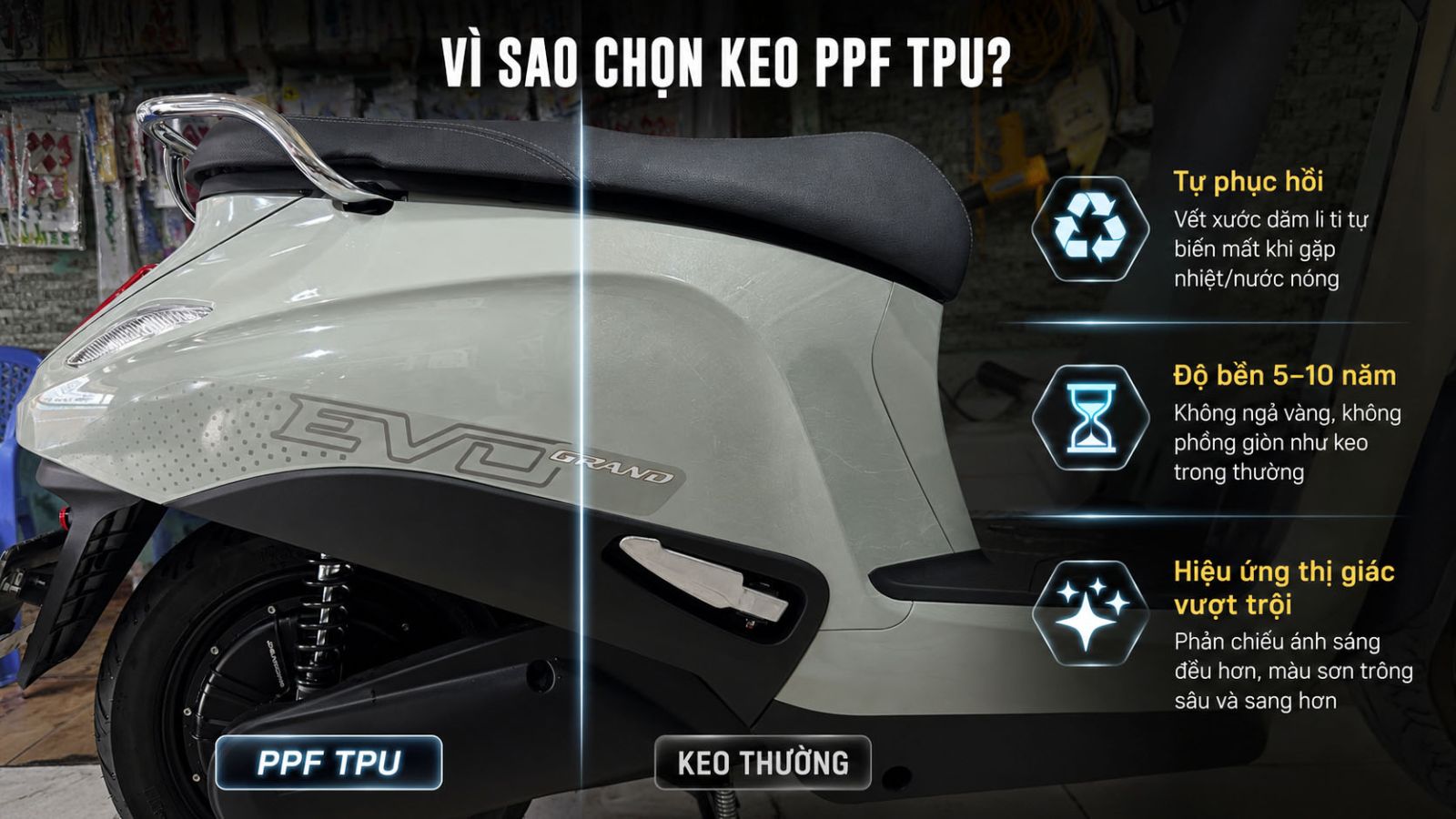 Dán keo PPF TPU cho Vinfast EVO GRAND xanh Oliu 2026