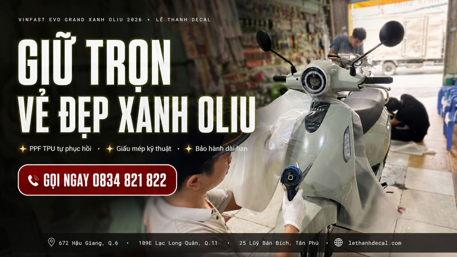 Dán keo PPF TPU cho Vinfast EVO GRAND xanh Oliu 2026