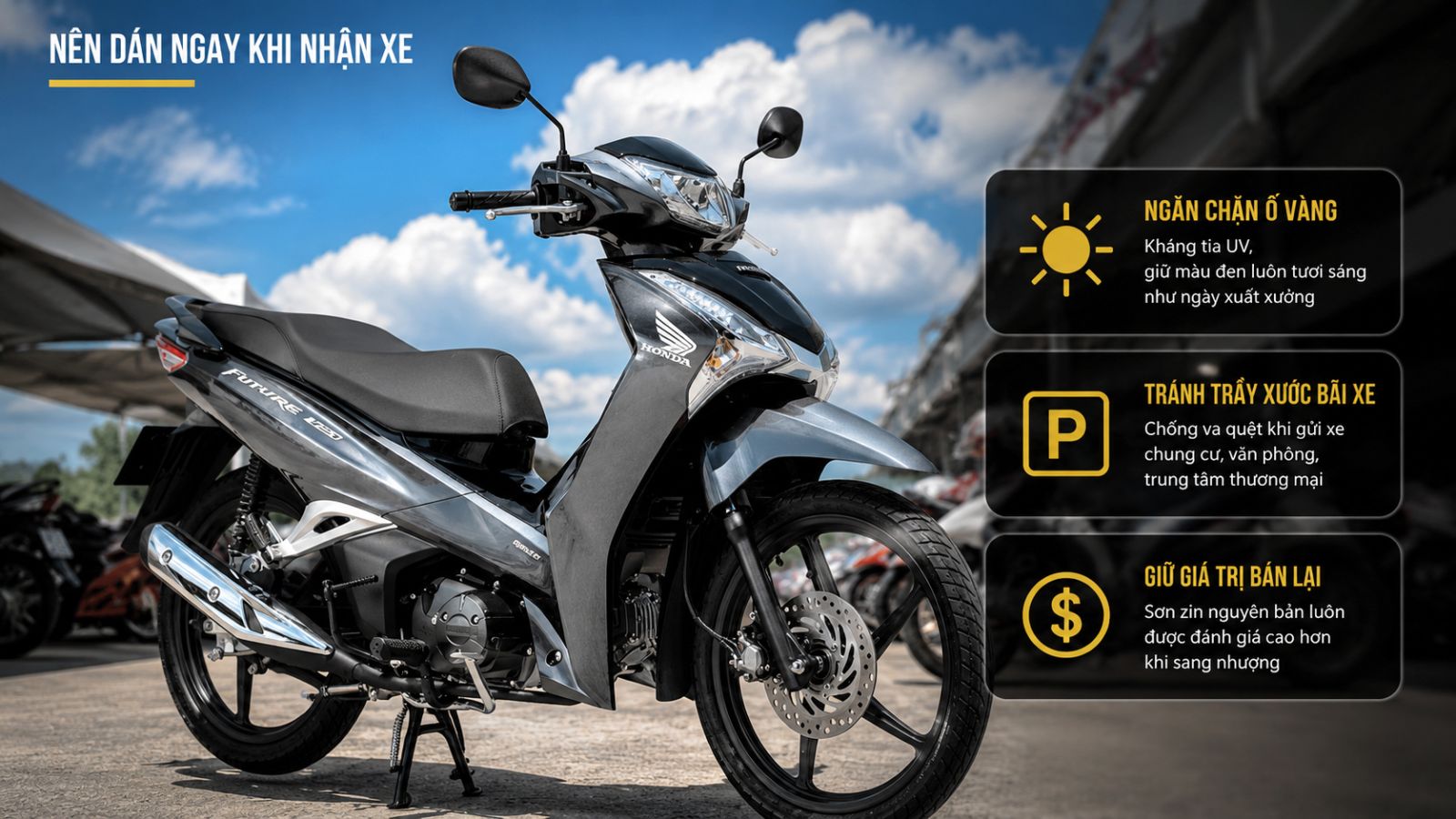 Dán keo siêu bóng 3 lớp PPF Future 125 Fi xám ghi 2026