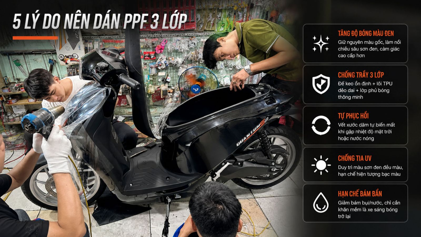 Dán keo siêu bóng 3 lớp PPF xe máy điện DatBike Quantum S2 đen 2026