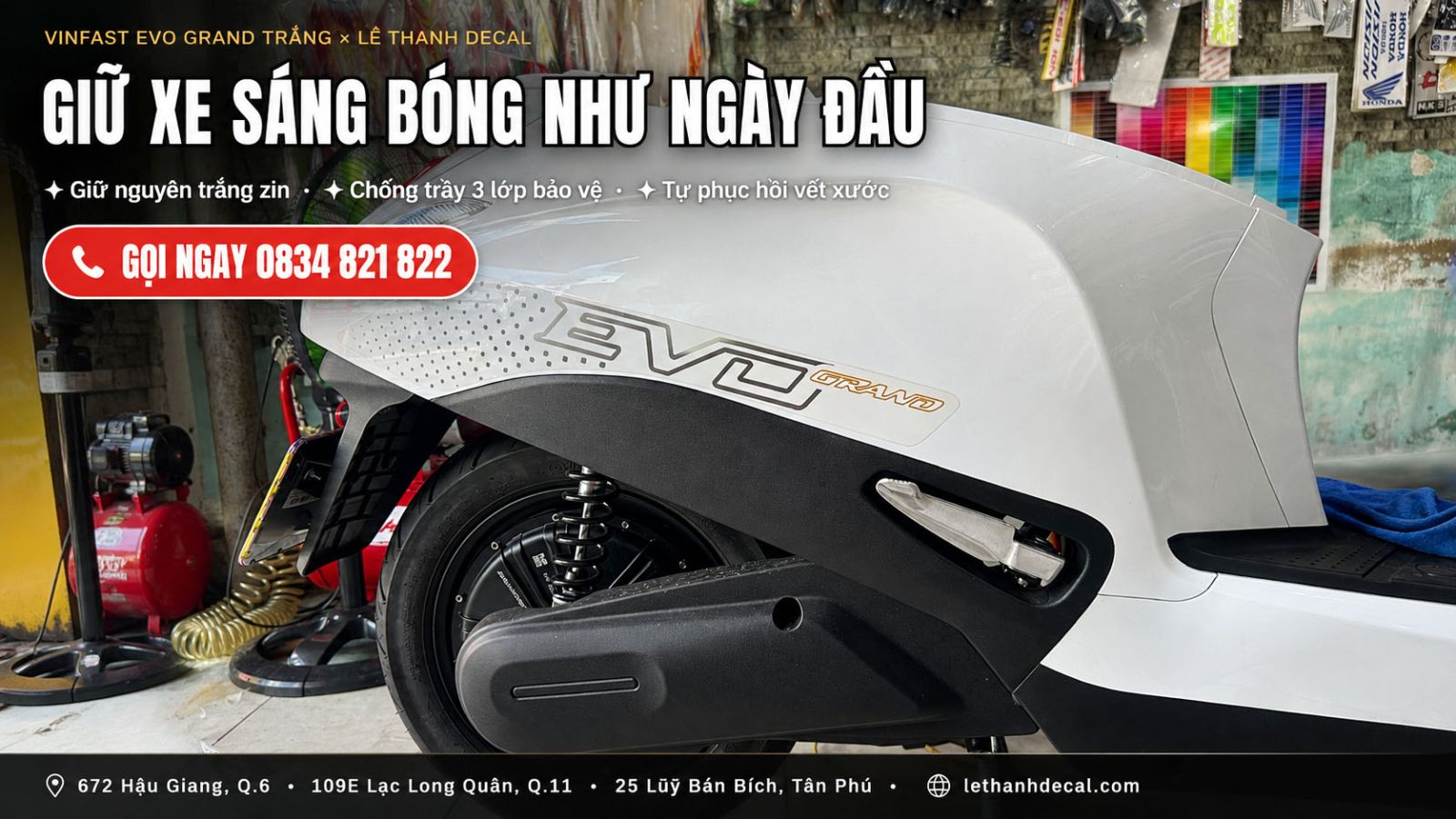 Dán keo siêu bóng 3 lớp PPF xe máy điện VinFast EVO GRAND trắng 2026