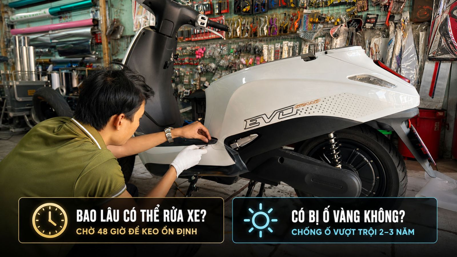 Dán keo siêu bóng 3 lớp PPF xe máy điện VinFast EVO GRAND trắng 2026