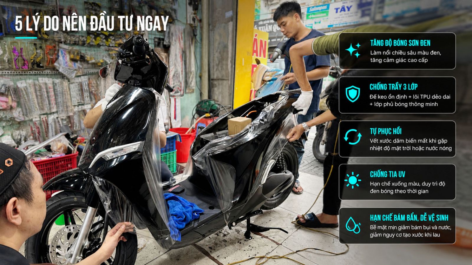 Dán keo siêu bóng 3 lớp PPF xe máy điện VinFast Feliz 2 đen 2026