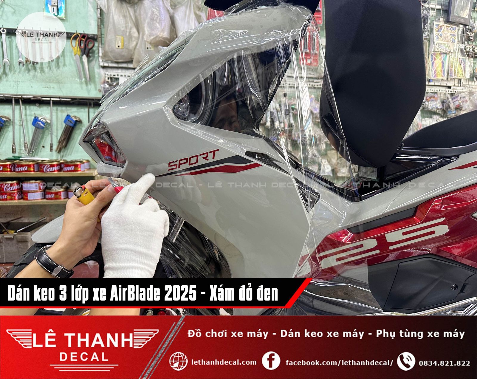 Dán keo trong 3 lớp Air Blade 125 phiên bản Thể Thao Xám Đỏ Đen