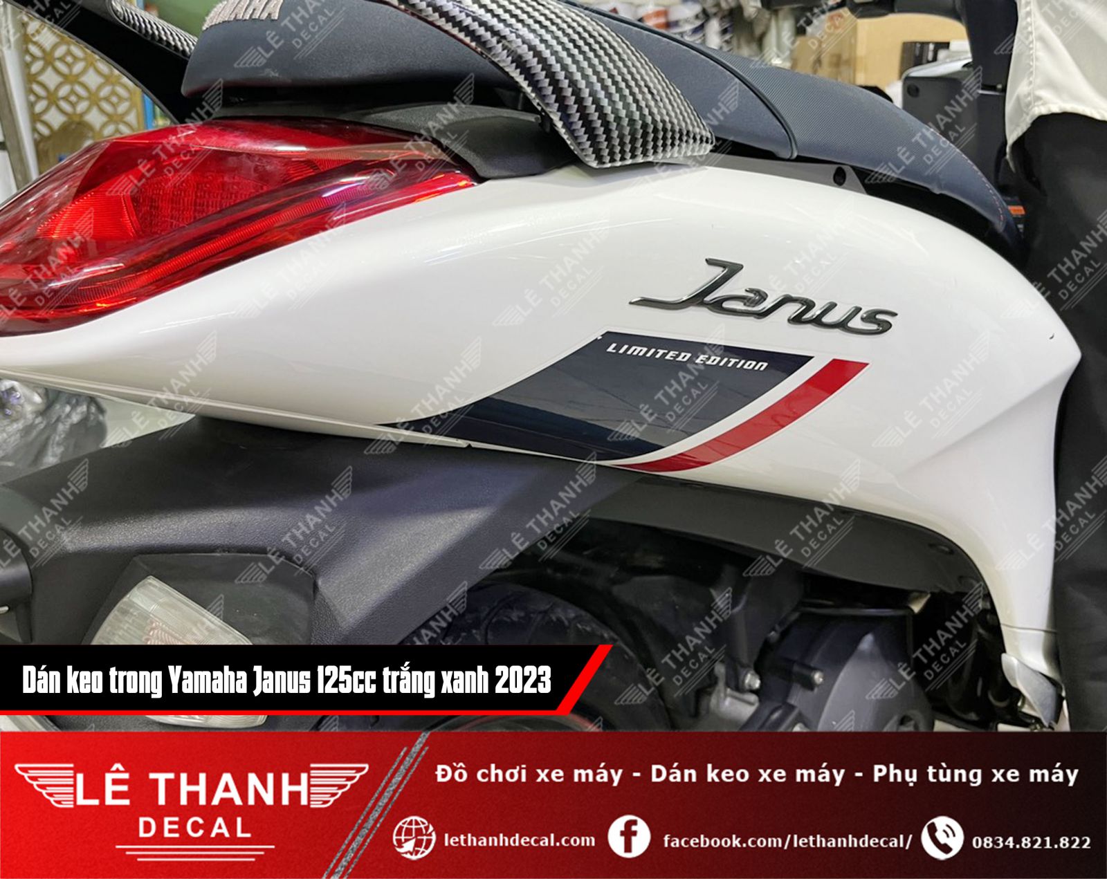 Dán keo trong cho xe Yamaha Janus 125cc trắng xanh 2023 