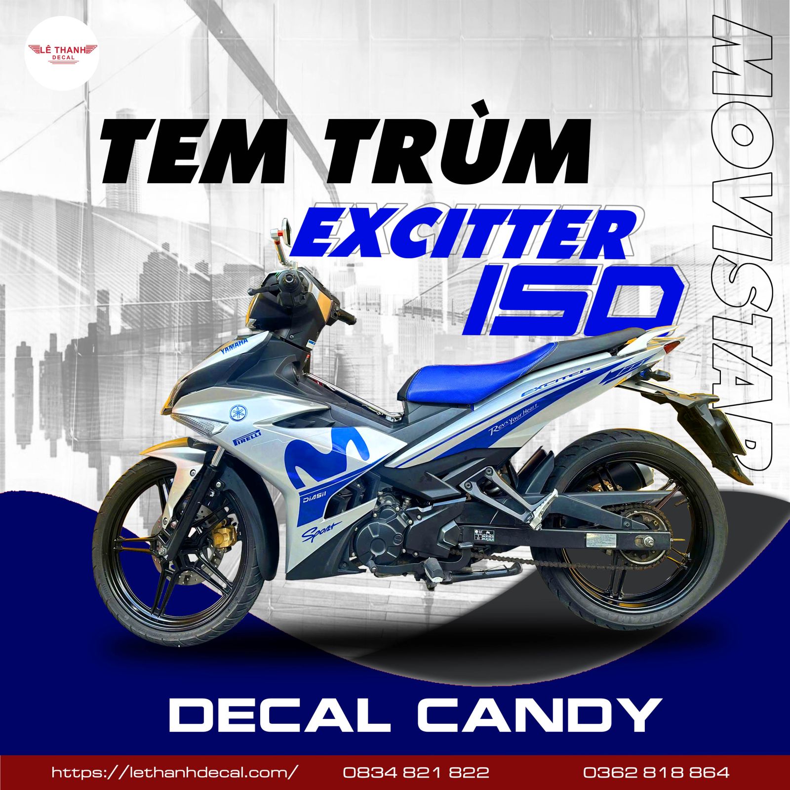 Dán tem trùm candy Exciter 150 mẫu Movistar xanh GP