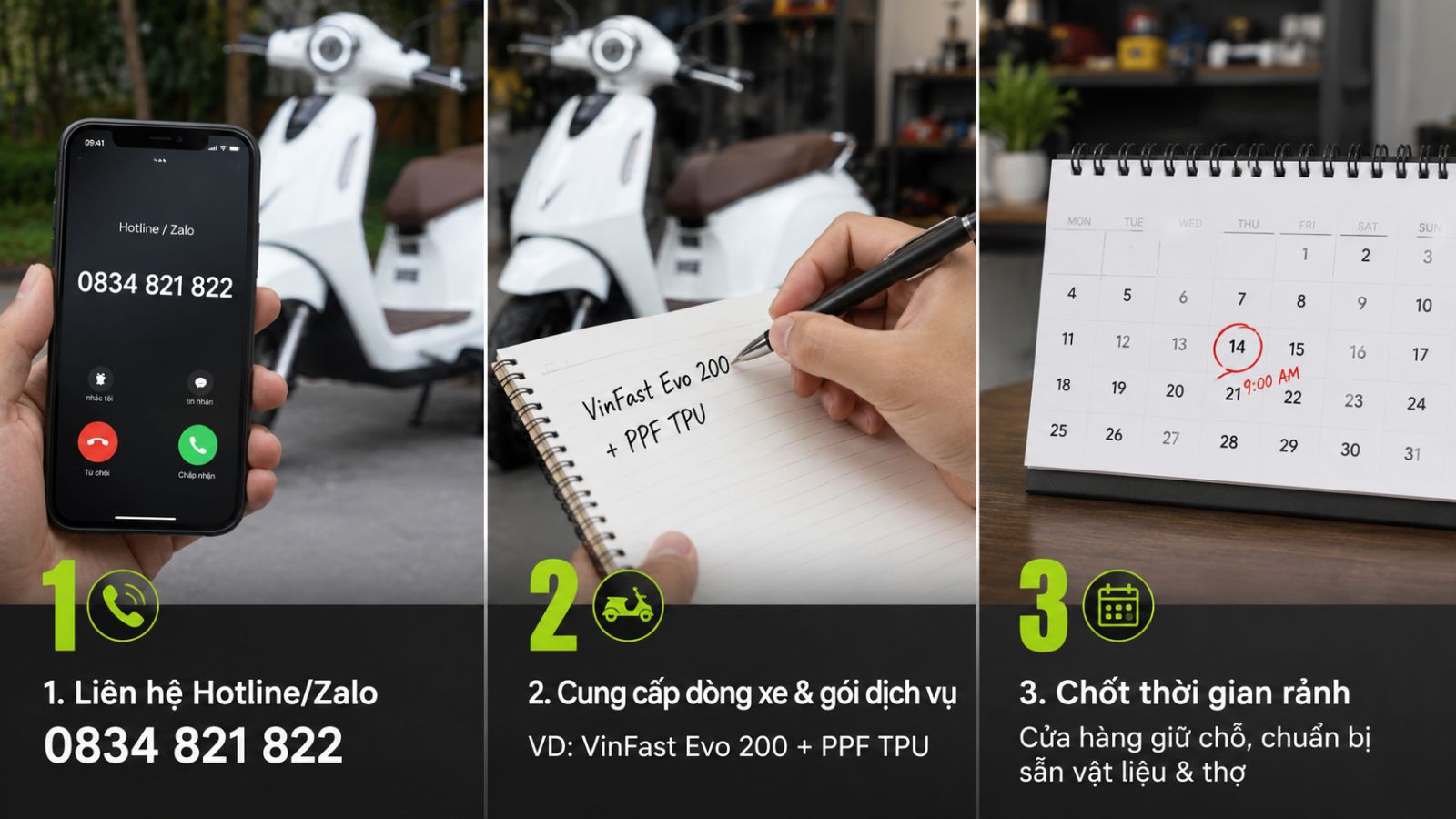 Quy trình đặt lịch dán xe máy điện trong 60 giây