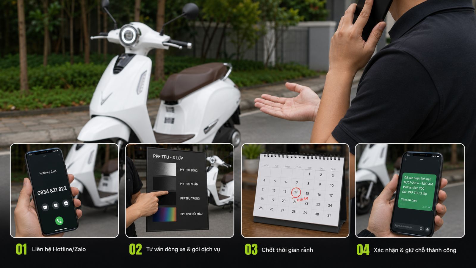 Quy trình đặt lịch dán xe máy điện trong 60 giây