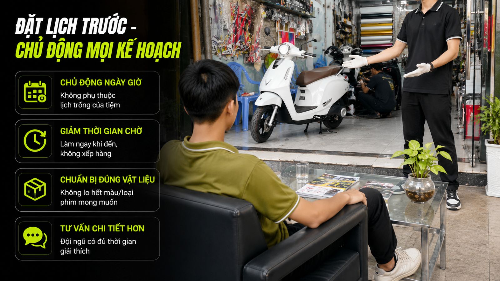 Quy trình đặt lịch dán xe máy điện trong 60 giây