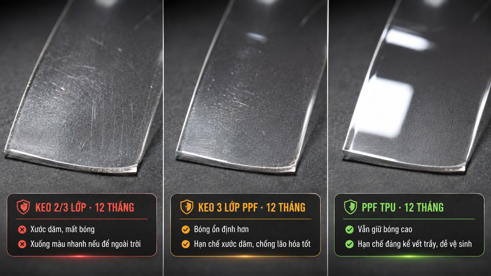 So sánh keo PPF TPU - Keo 3 lớp PPF và Keo 2 lớp/3 lớp dán xe máy
